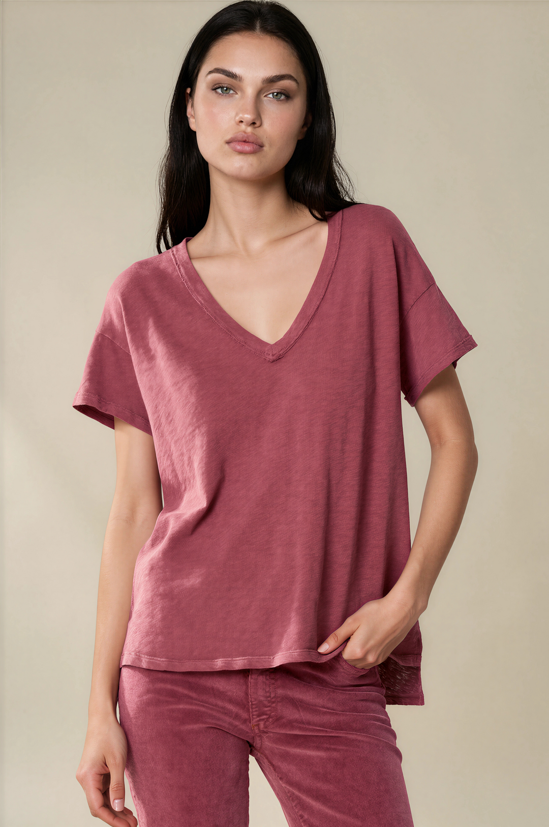 Slub Jersey Bobby Boyfriend V-Neck Tee - Tibetan Red