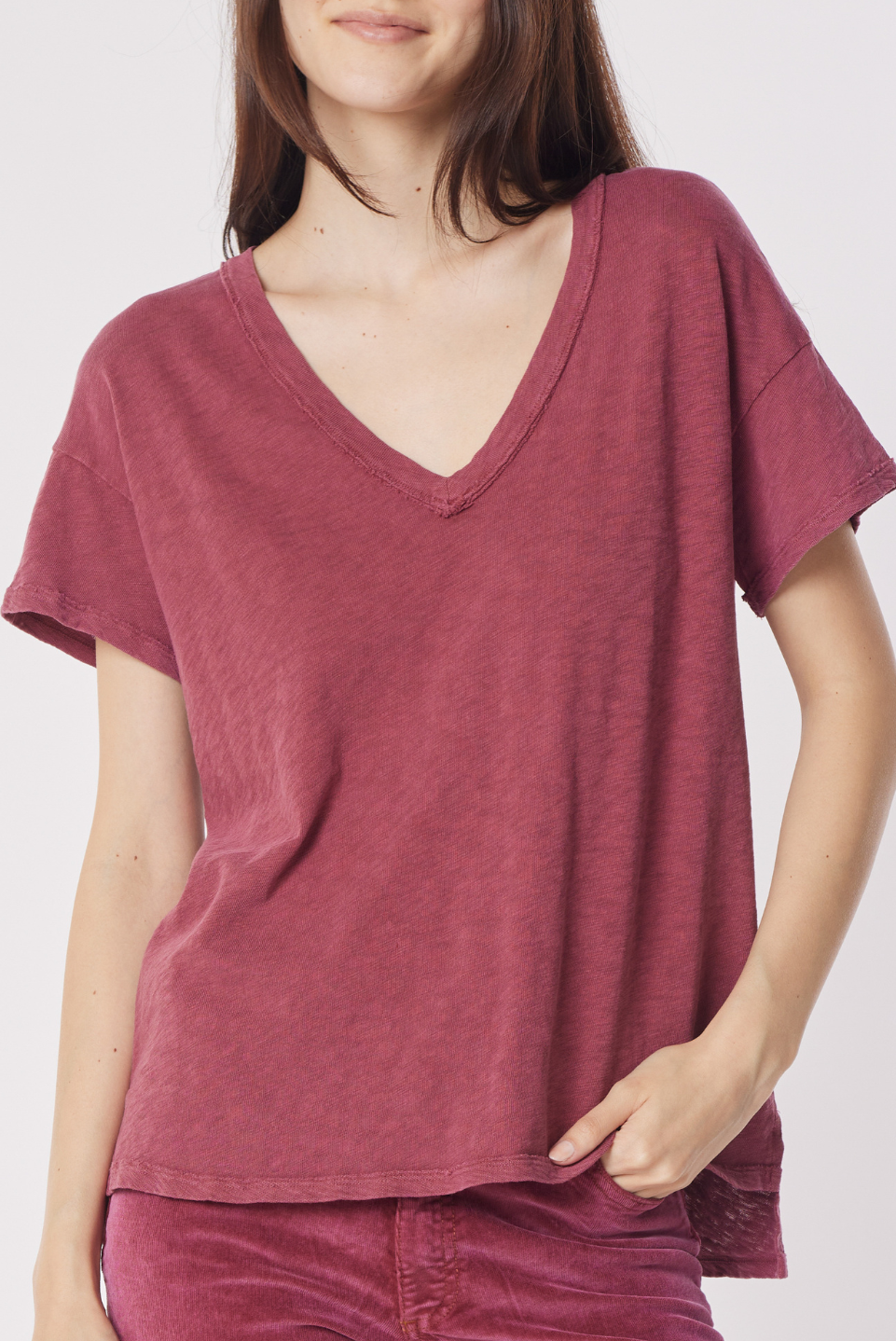 Slub Jersey Bobby Boyfriend V-Neck Tee - Tibetan Red