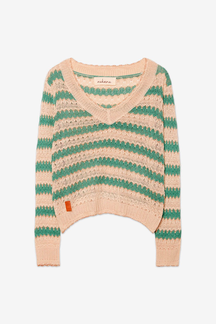 Striped Open Weave Sweater - Green