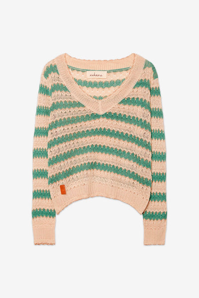 Striped Open Weave Sweater - Green