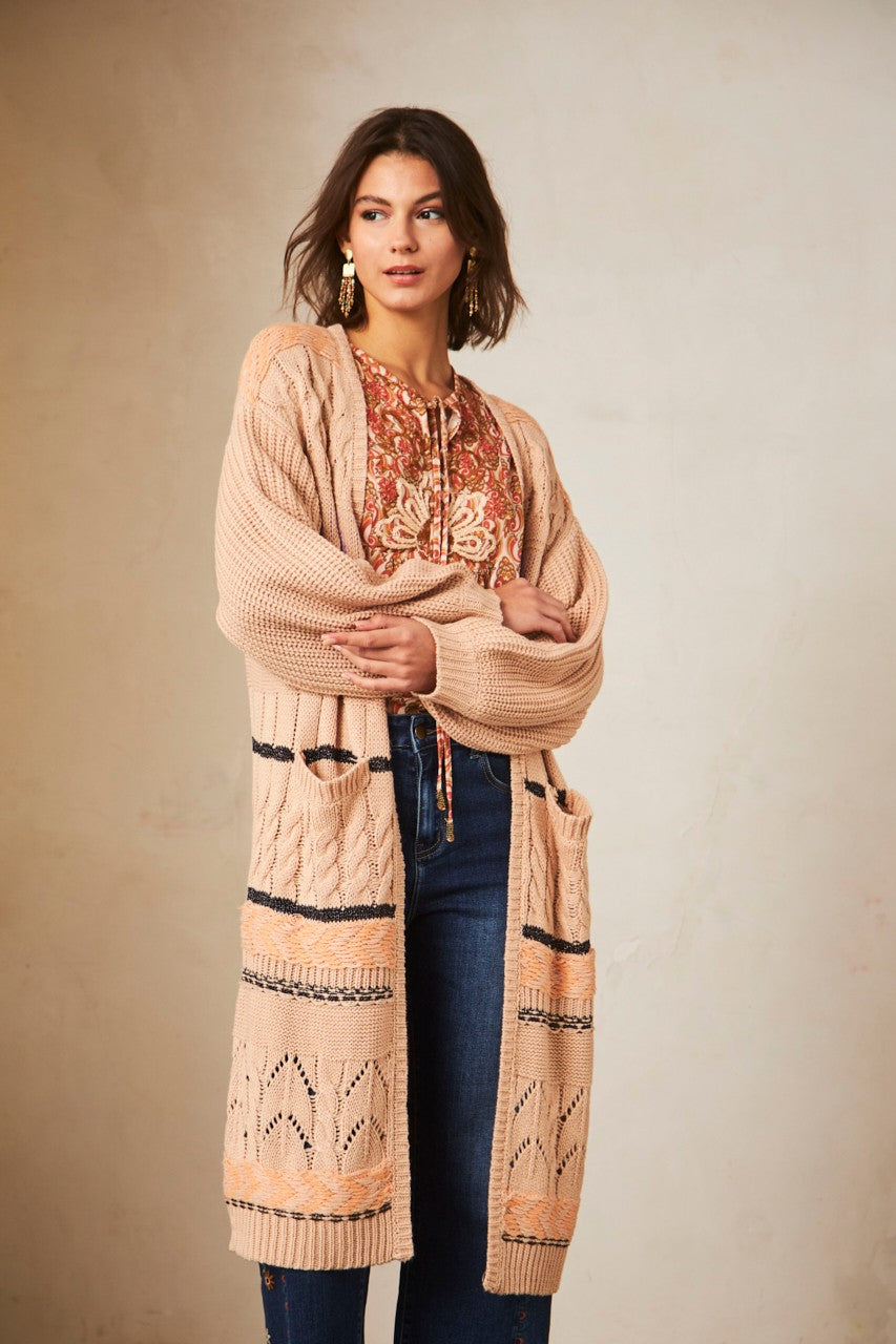 The Makani Long Jacquard Cardigan - Sand Multi