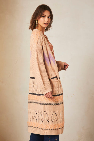 The Makani Long Jacquard Cardigan - Sand Multi