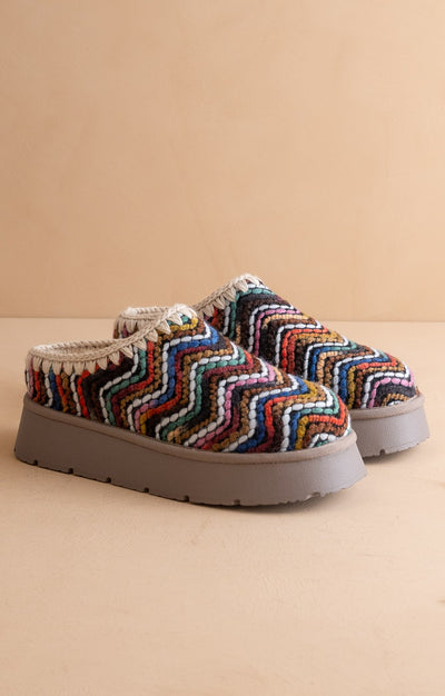 Multicolored patterned slippers on a beige background