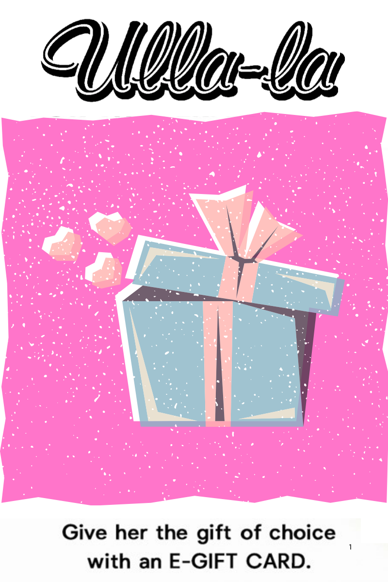 Gift card advertisement with a blue gift box and pink hearts on a pink background, featuring the brand &