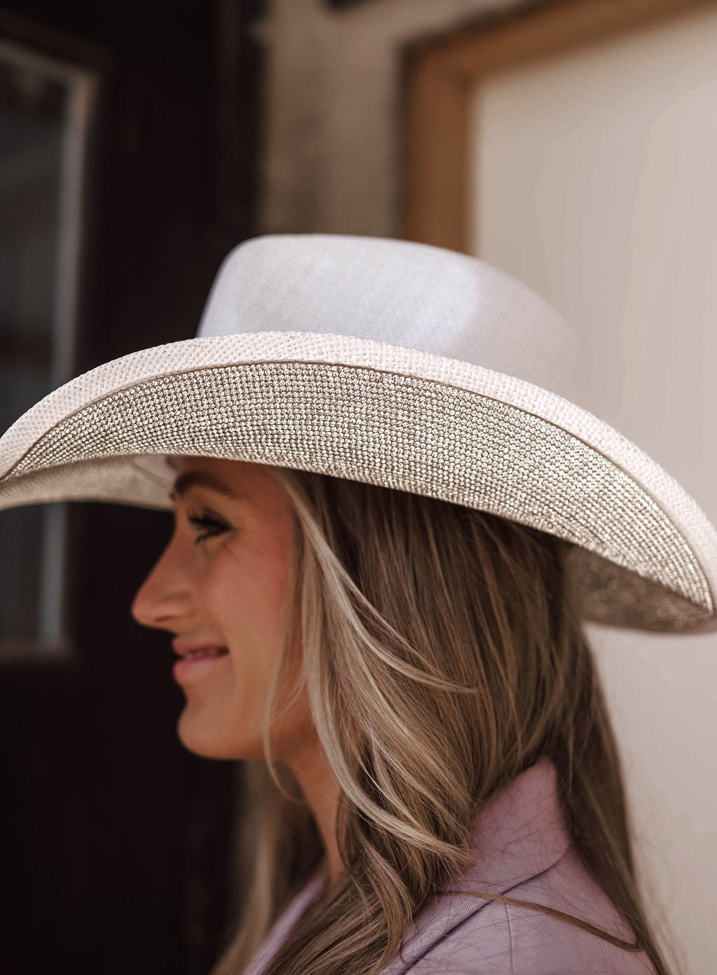Cowboy Hat, Under Brim Rhinestone - White