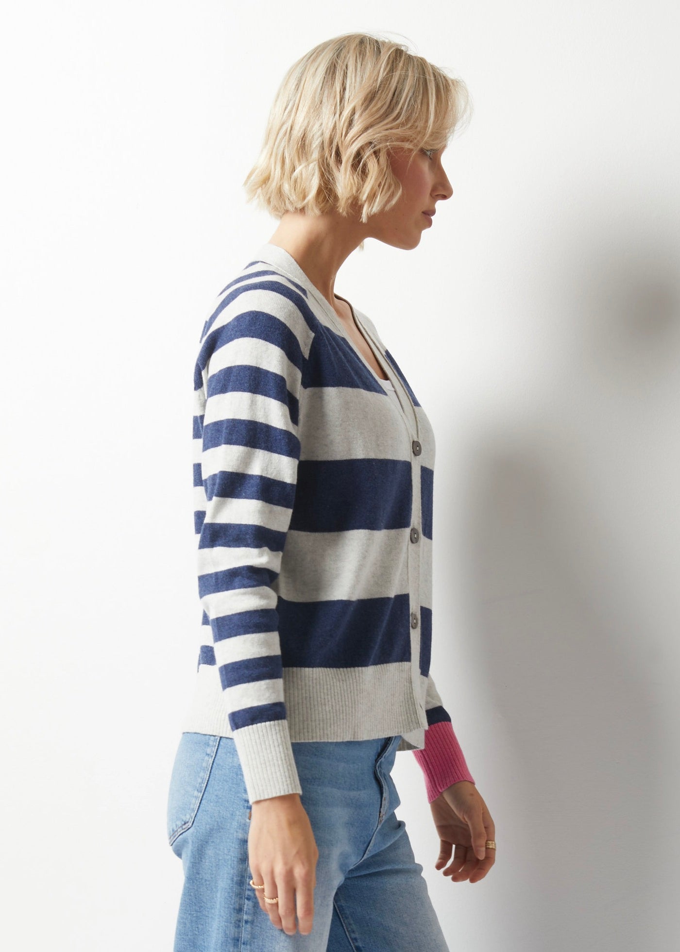 Essential Stripe Cardigan - Silver/Navy