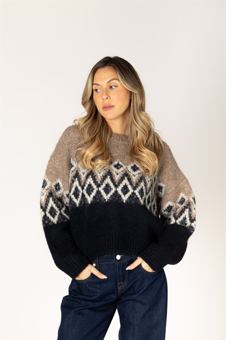 Fair Isle Crew Neck Sweater - Camel/Black