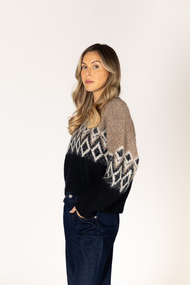 Fair Isle Crew Neck Sweater - Camel/Black