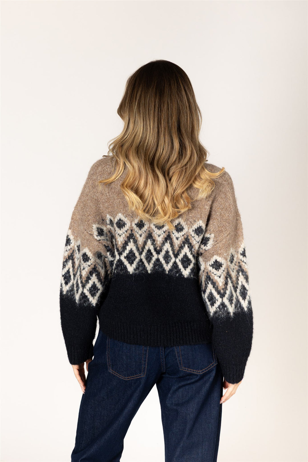 Fair Isle Crew Neck Sweater - Camel/Black