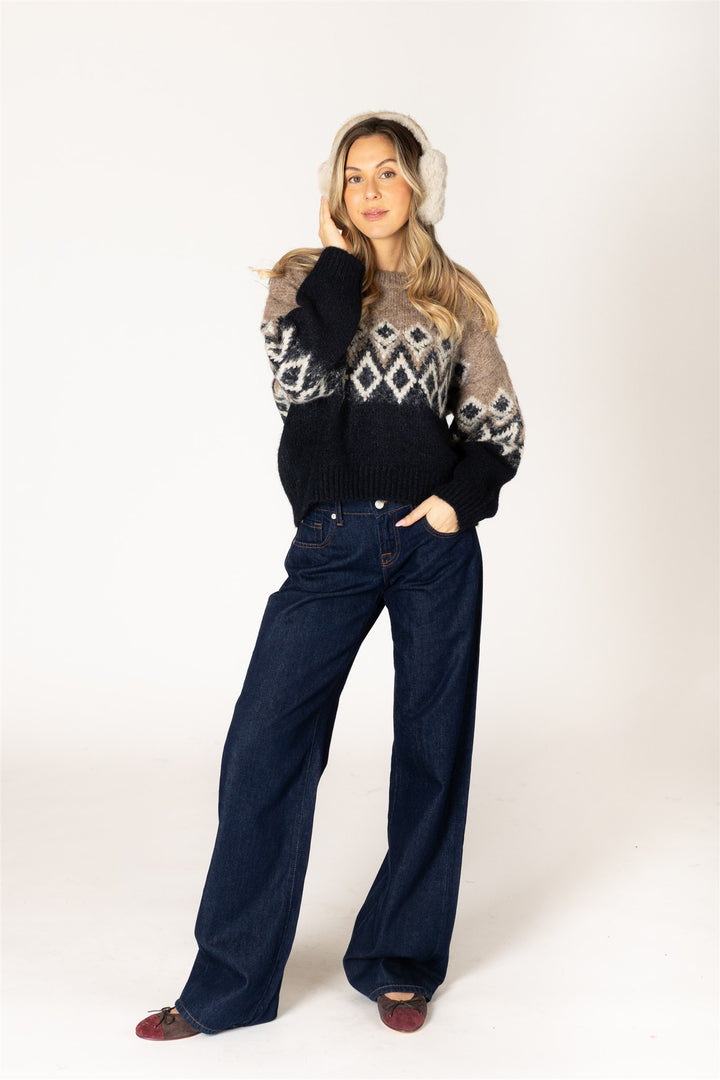 Fair Isle Crew Neck Sweater - Camel/Black