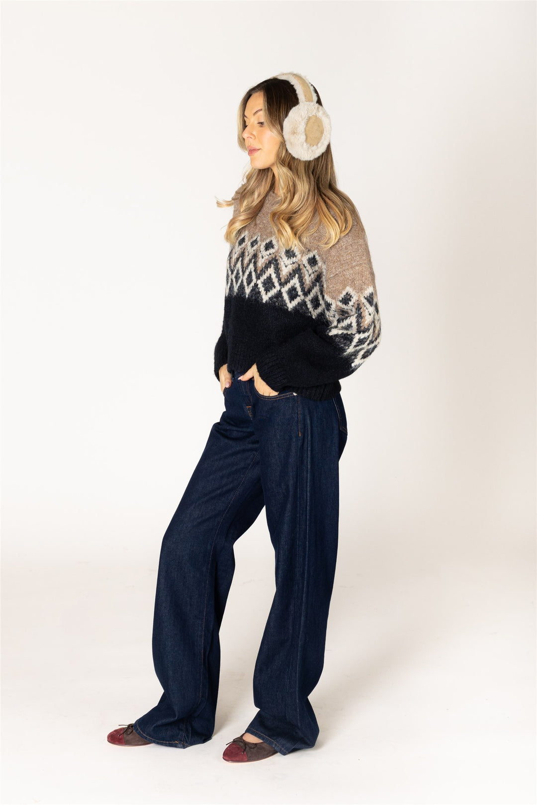 Fair Isle Crew Neck Sweater - Camel/Black