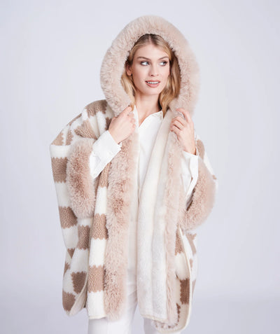 Almond/Beige Textured Knit Wrap with Faux Fur Collar O/S