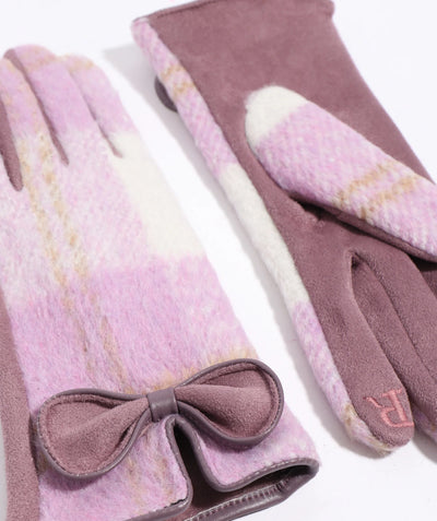 Purple Check Pattern Glove with Bow Embellishment and Lining