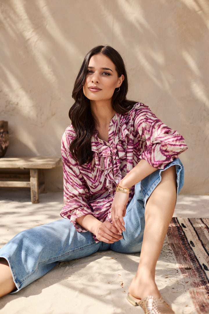 Button Through Ruffle Blouse - Pink Multi