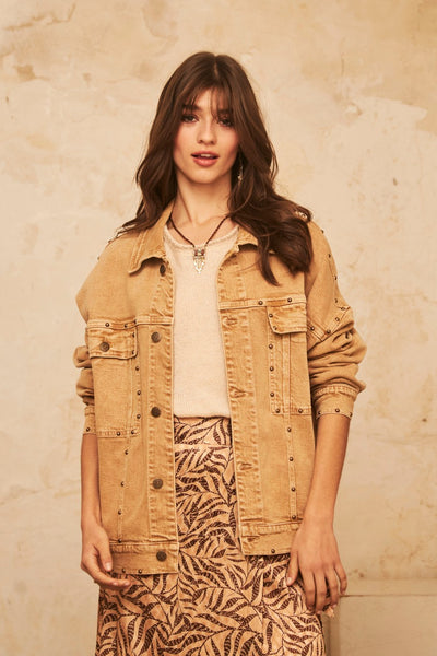 Oversize denim jacket with dropped shoulders. Studded appliqués - Sand