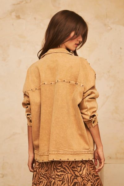 Oversize denim jacket with dropped shoulders. Studded appliqués - Sand