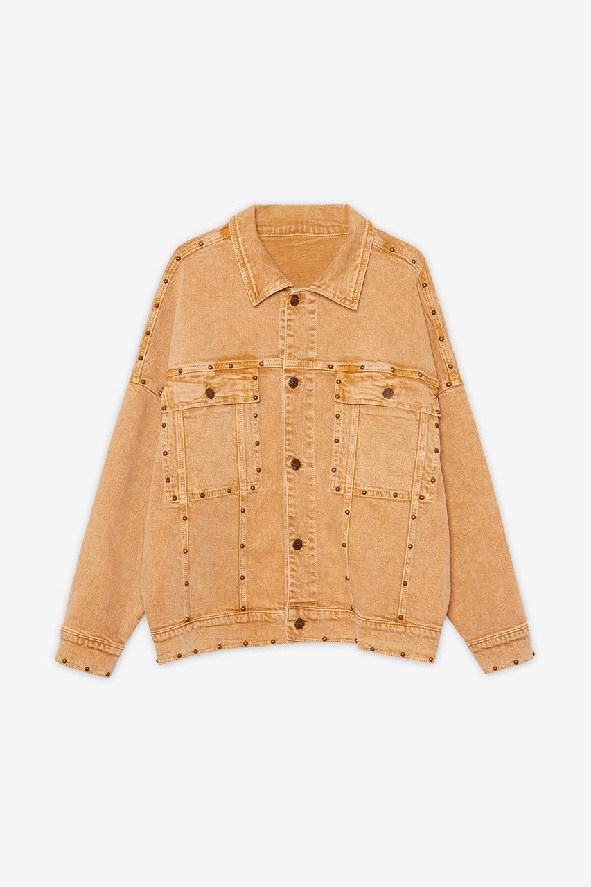 Oversize denim jacket with dropped shoulders. Studded appliqués - Sand