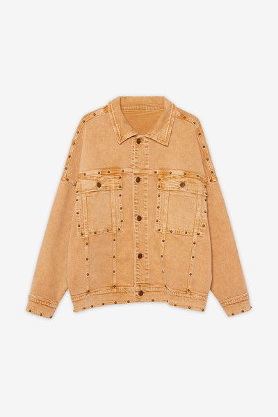 Oversize denim jacket with dropped shoulders. Studded appliqués - Sand