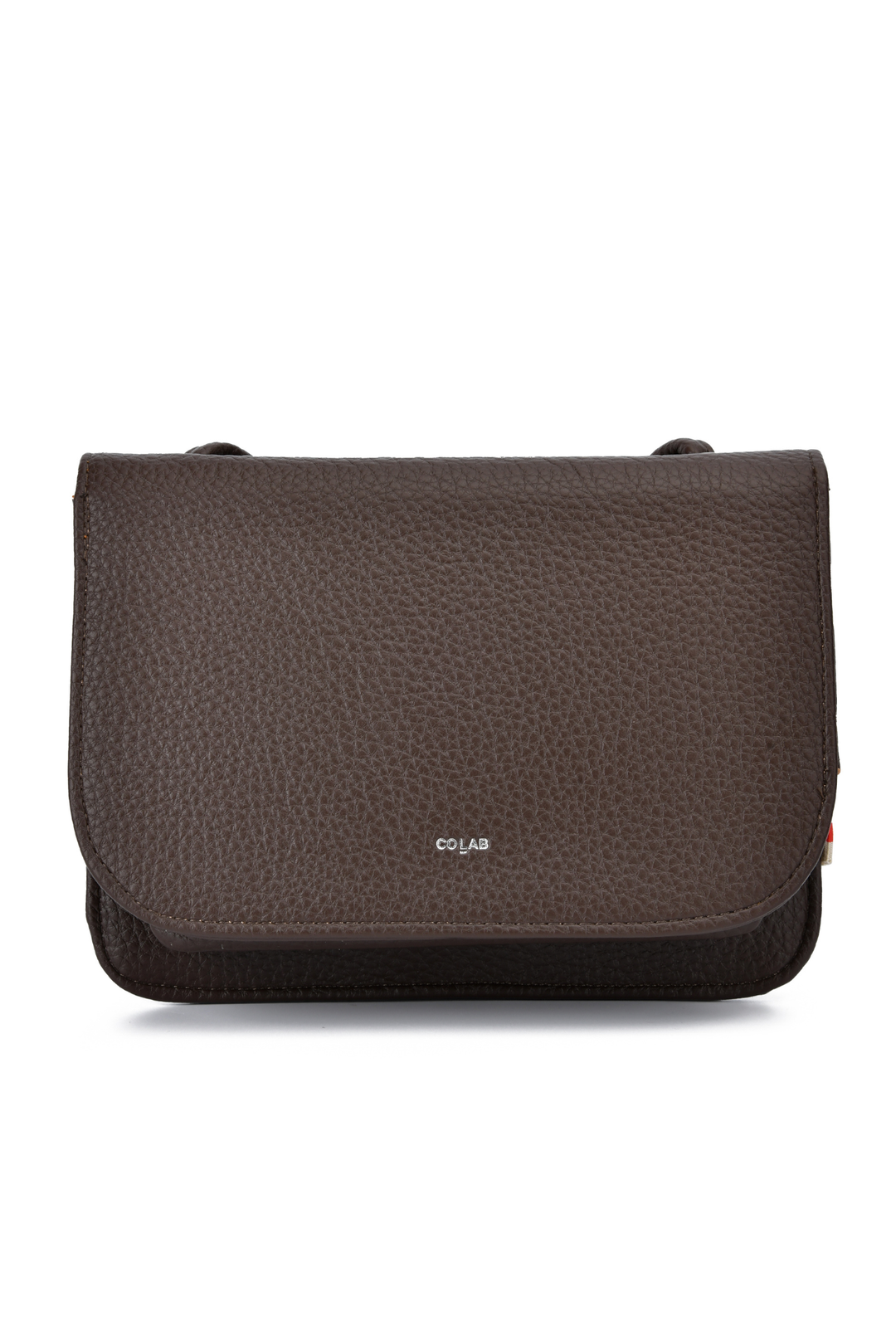 A dark brown pebbled leather messenger bag with a small white &