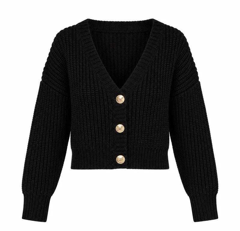 A black ribbed knit cardigan sweater with a V-neck, three-quarter sleeves, and three gold-tone buttons, shown against a plain white background.