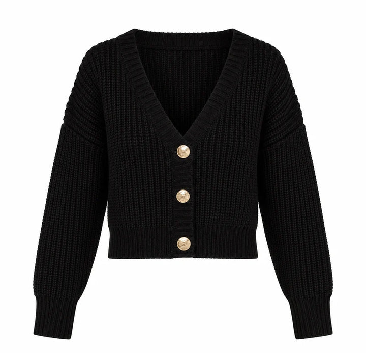 A black ribbed knit cardigan sweater with a V-neck, three-quarter sleeves, and three gold-tone buttons, shown against a plain white background.