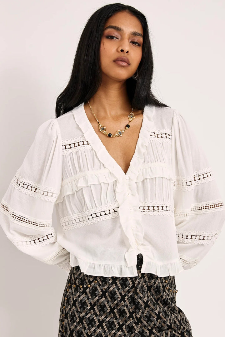Nekane Ruffled and Lace Trim Blouse - White