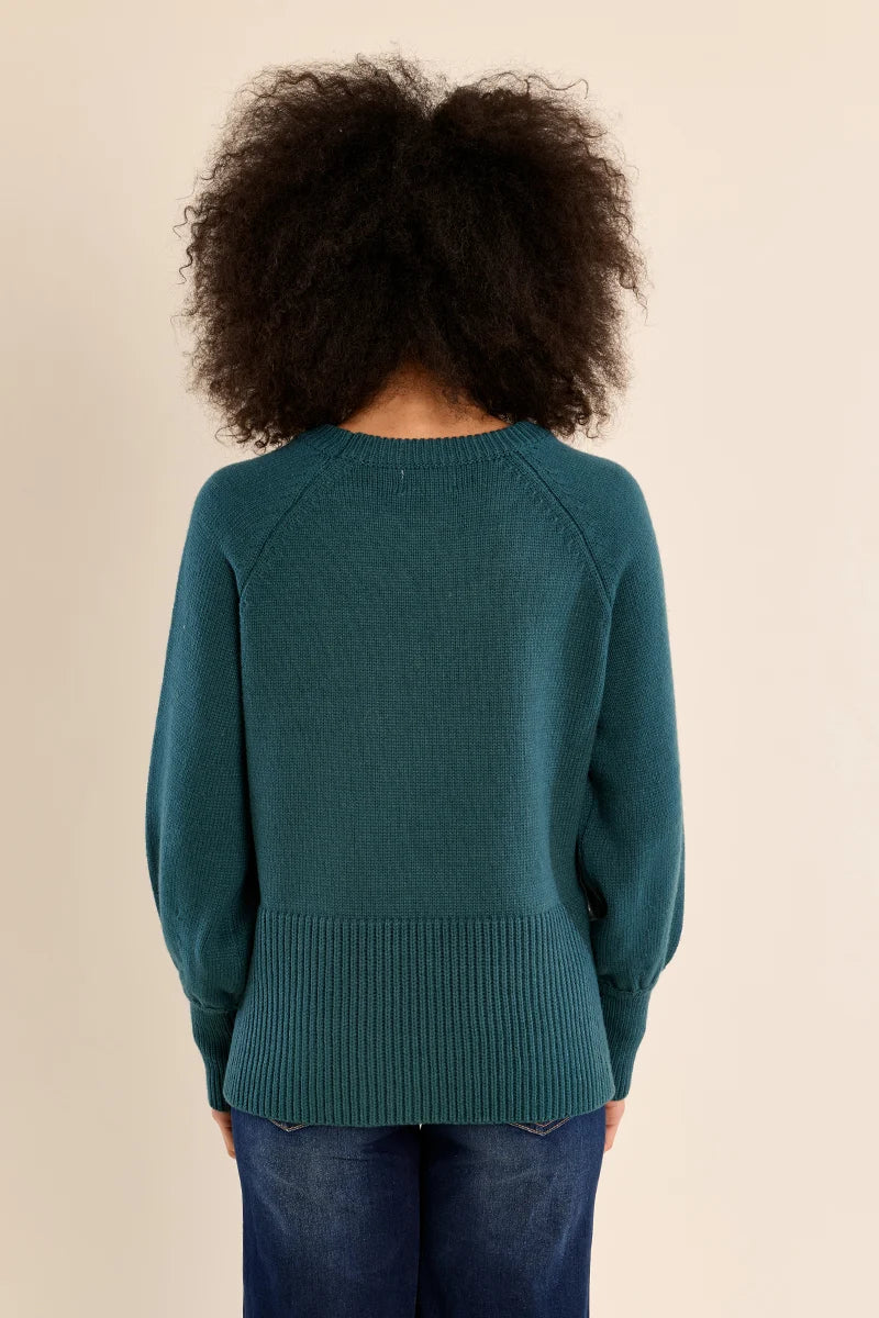 A person shown from the back wearing a teal knit sweater and blue jeans against a plain beige studio background.