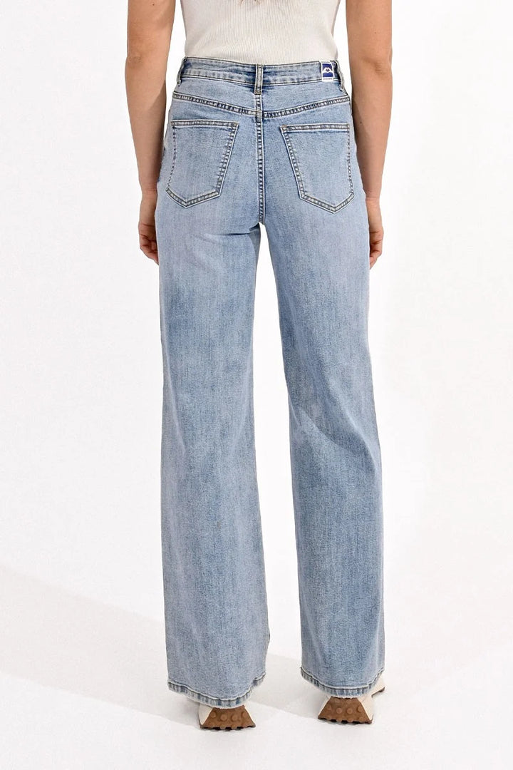 Light blue jeans worn by a person on a white background