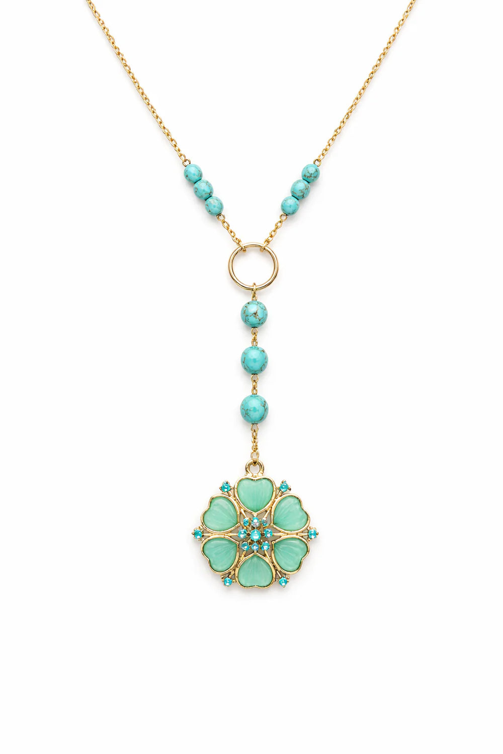 Turquoise beaded necklace with a floral pendant on a white background