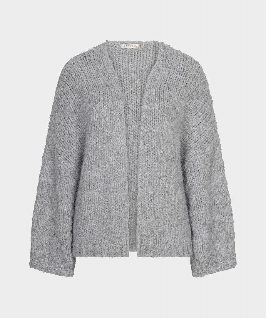 A light gray chunky knit cardigan sweater with a textured boucle-like finish, shown against a plain light gray background.
