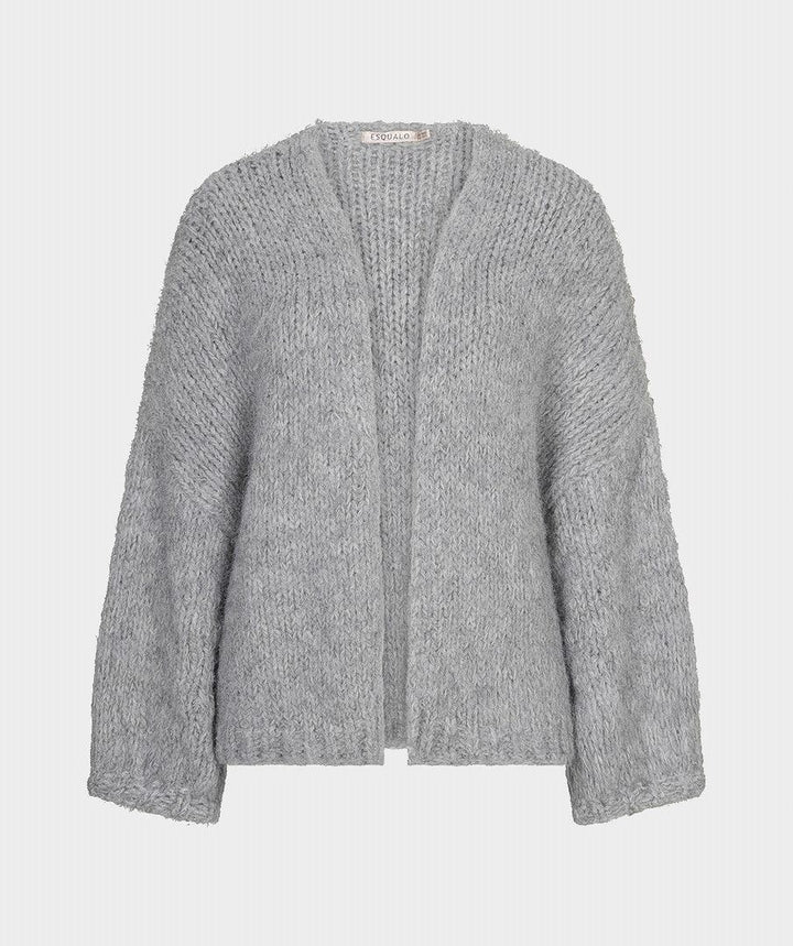 A light gray chunky knit cardigan sweater with a textured boucle-like finish, shown against a plain light gray background.