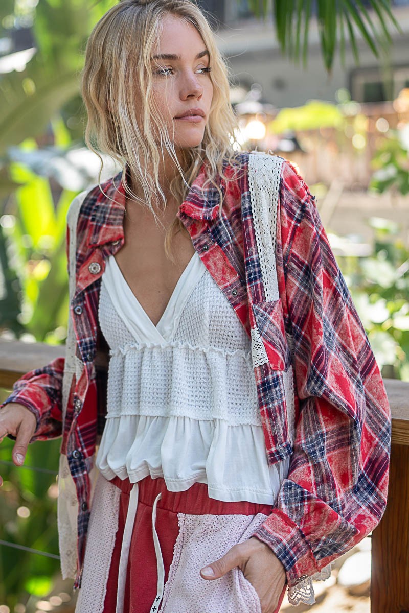 Balloon sleeve lace contrast plaid shirt - Red Multi