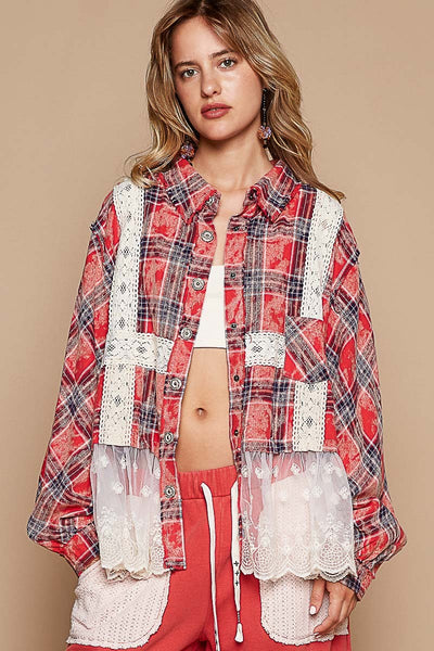 Balloon sleeve lace contrast plaid shirt - Red Multi