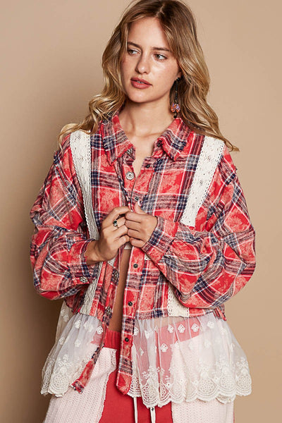 Balloon sleeve lace contrast plaid shirt - Red Multi