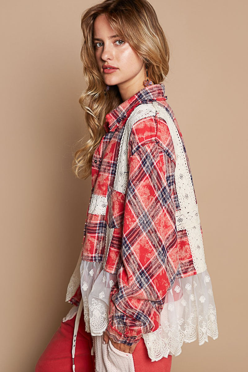 Balloon sleeve lace contrast plaid shirt - Red Multi