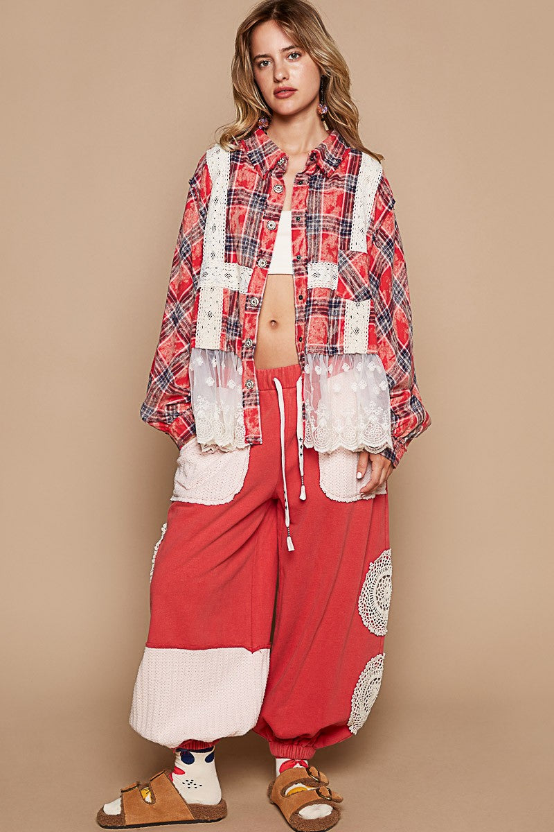 Balloon sleeve lace contrast plaid shirt - Red Multi