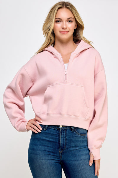 Fleece Half Zip Up Hoodie with Thumbholes - Pink