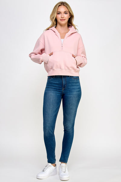 Fleece Half Zip Up Hoodie with Thumbholes - Pink