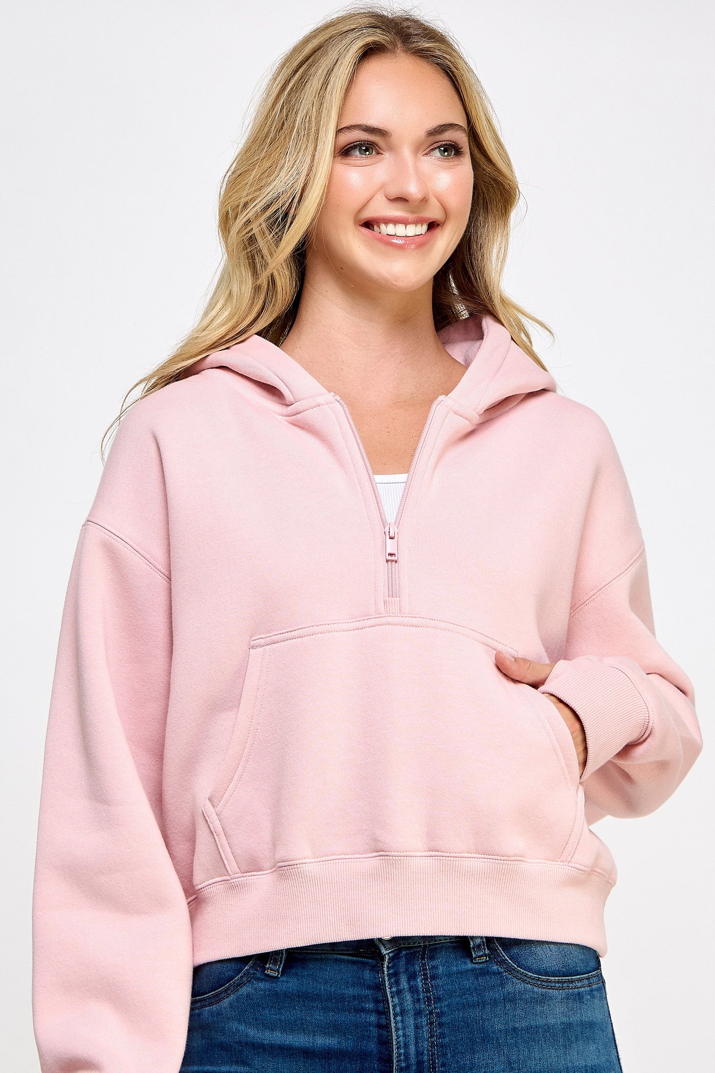 Fleece Half Zip Up Hoodie with Thumbholes - Pink