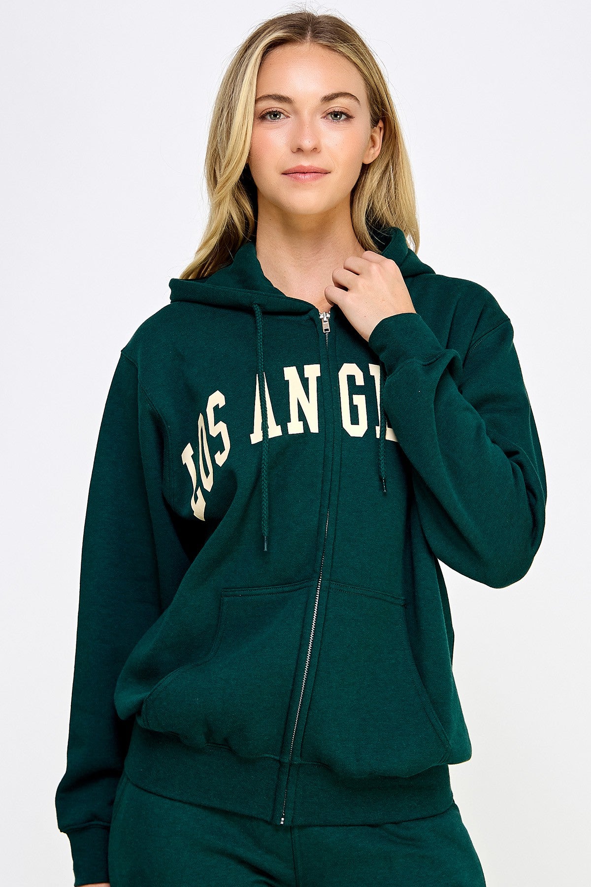 Fleece Zip Up Boyfriend's Hoodie with Los Angeles Print - Hunter Green