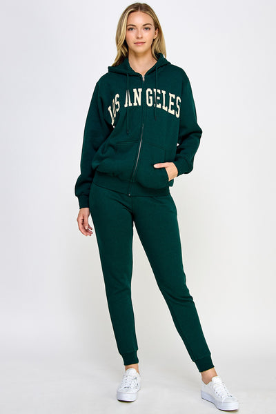 Fleece Zip Up Boyfriend's Hoodie with Los Angeles Print - Hunter Green