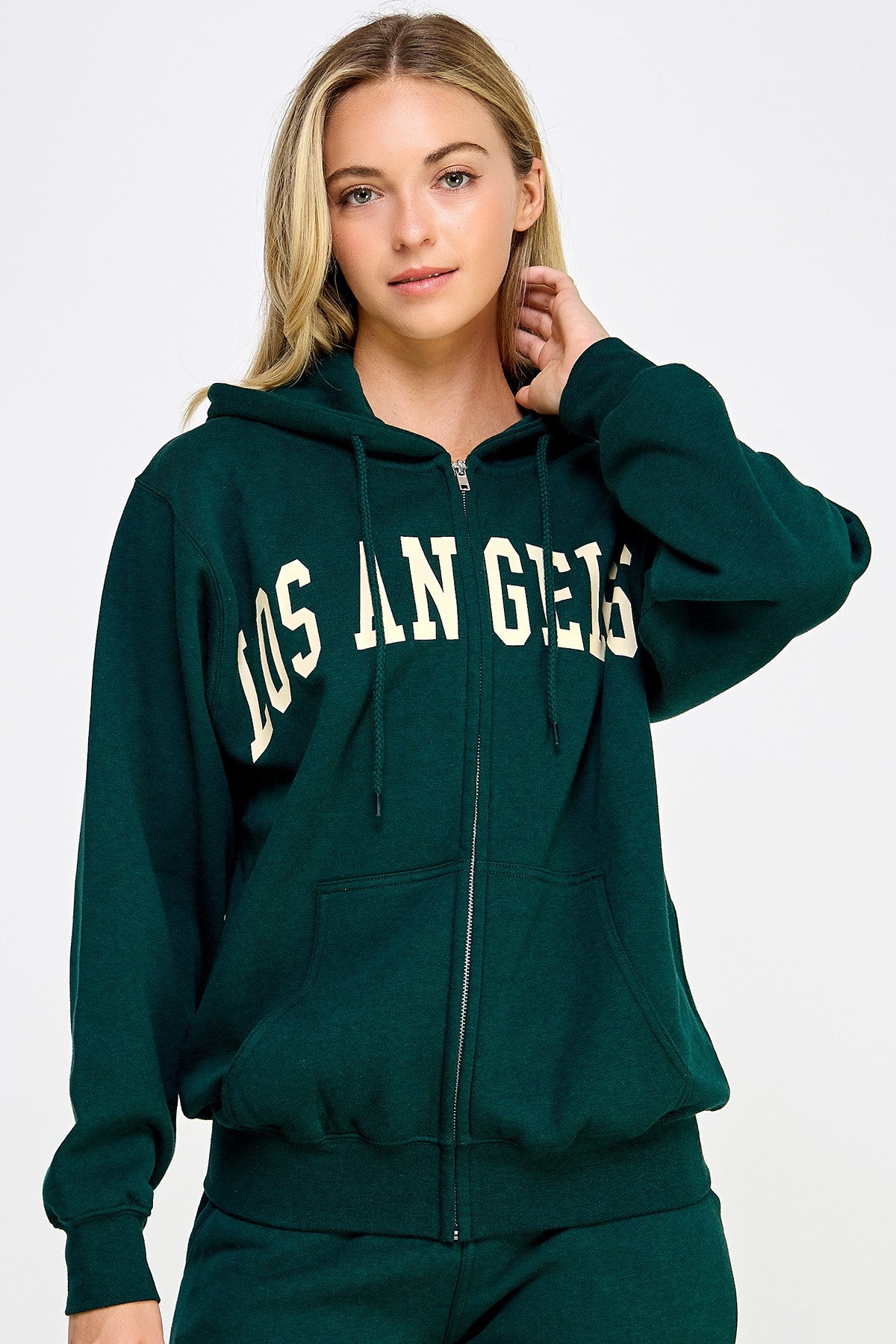 Fleece Zip Up Boyfriend's Hoodie with Los Angeles Print - Hunter Green