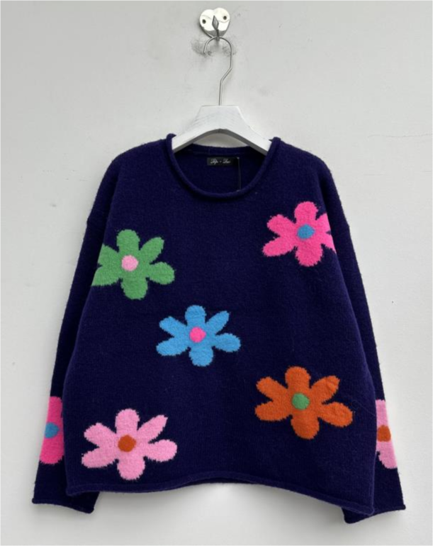 Crewneck Sweater W/ Colored Flower Print - Purple Multi