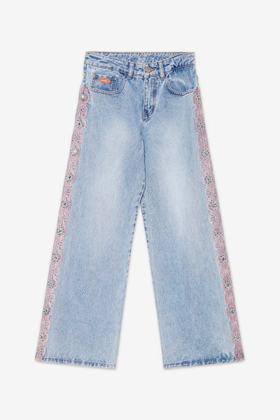 Baggy Jeans with Side Embroidery - Denim Blue