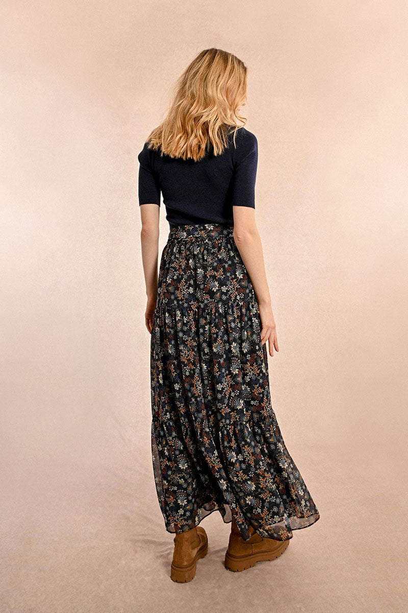 The Olea Long Floral Skirt- Black Claire