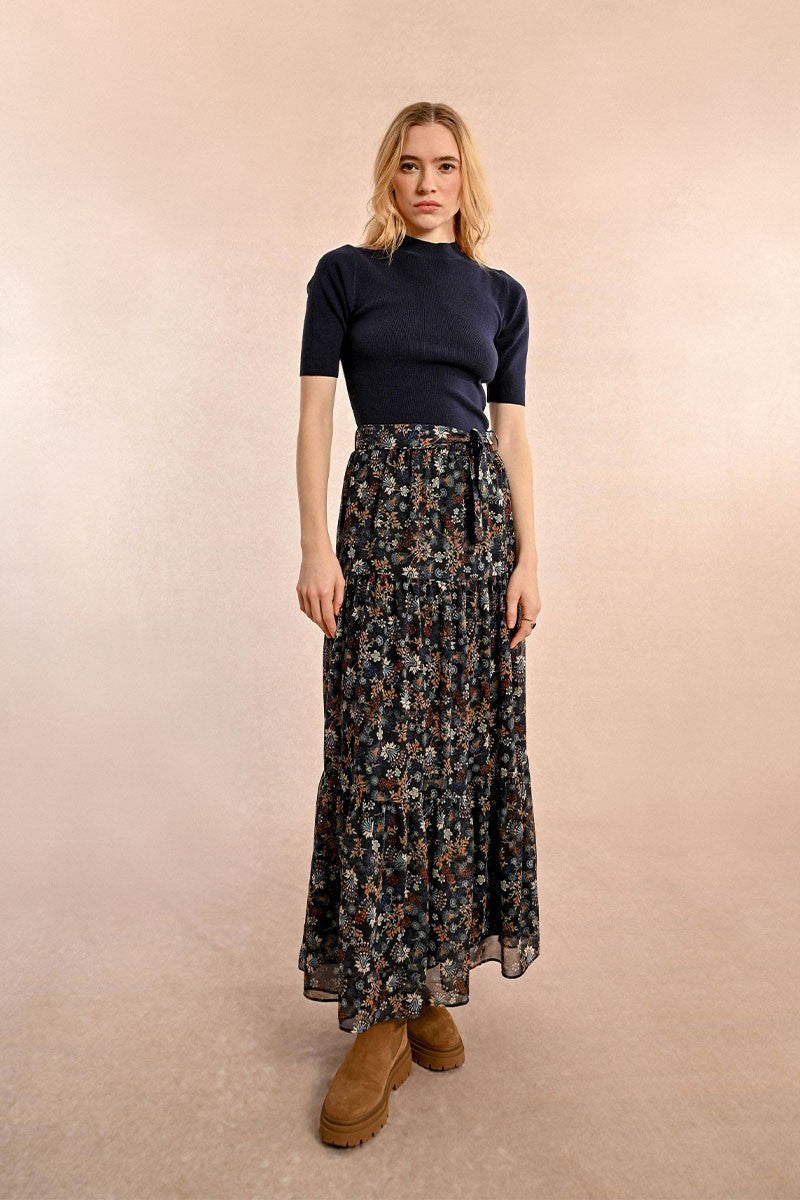 The Olea Long Floral Skirt- Black Claire