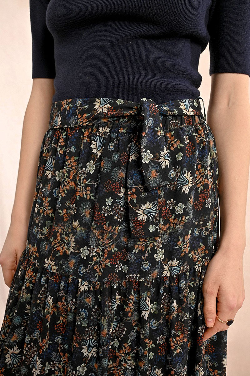 The Olea Long Floral Skirt- Black Claire