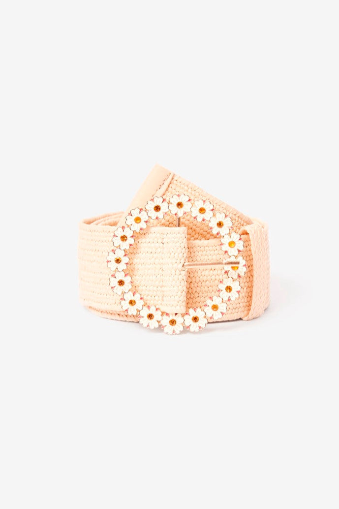 Raffia Flower Buckle Belt - Ivory