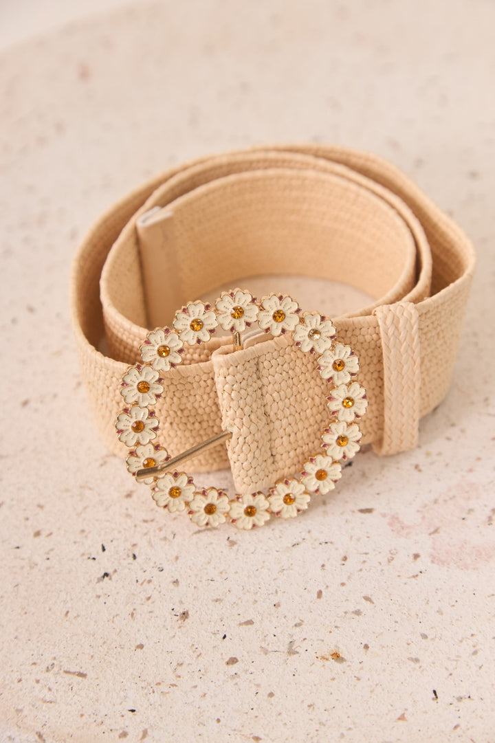Raffia Flower Buckle Belt - Ivory