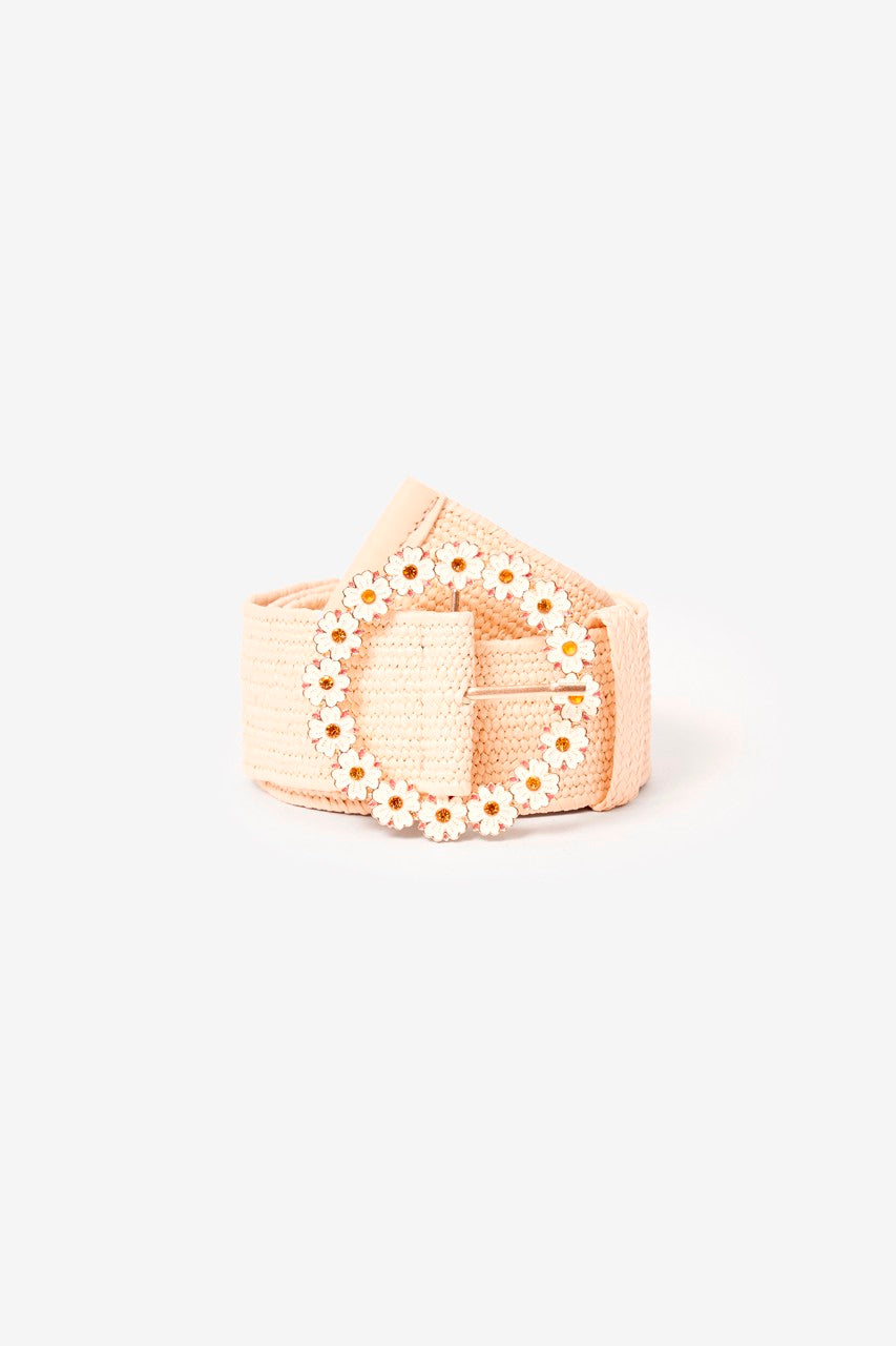 Raffia Flower Buckle Belt - Ivory